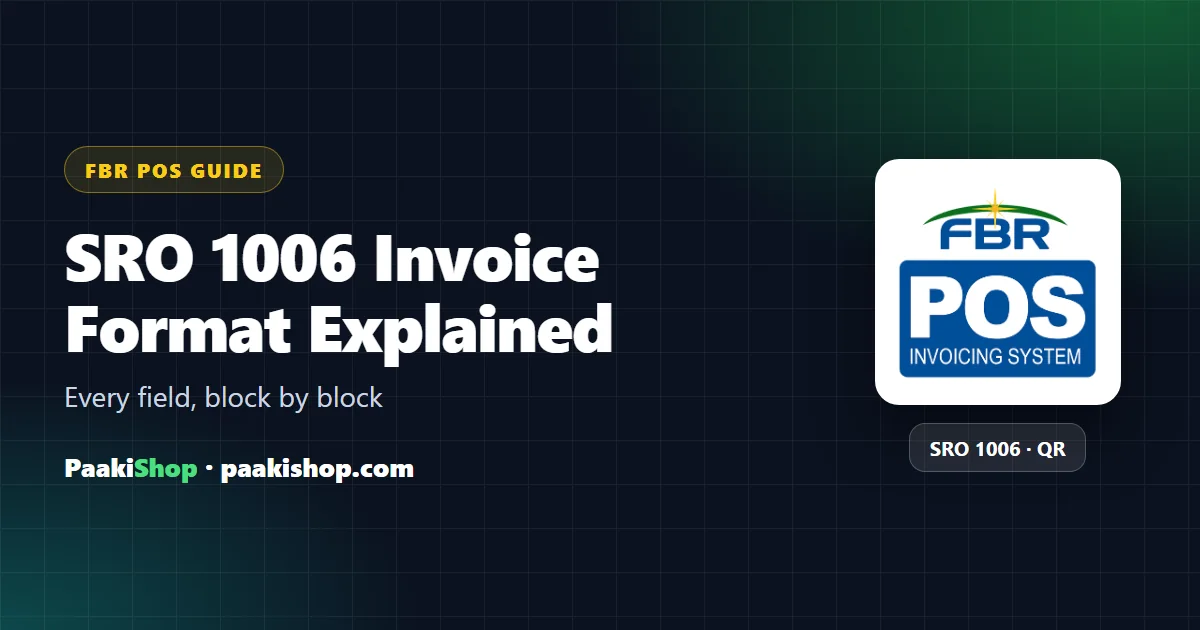 SRO 1006 FBR invoice format with business details, items, totals, fiscal number, FBR logo and QR code