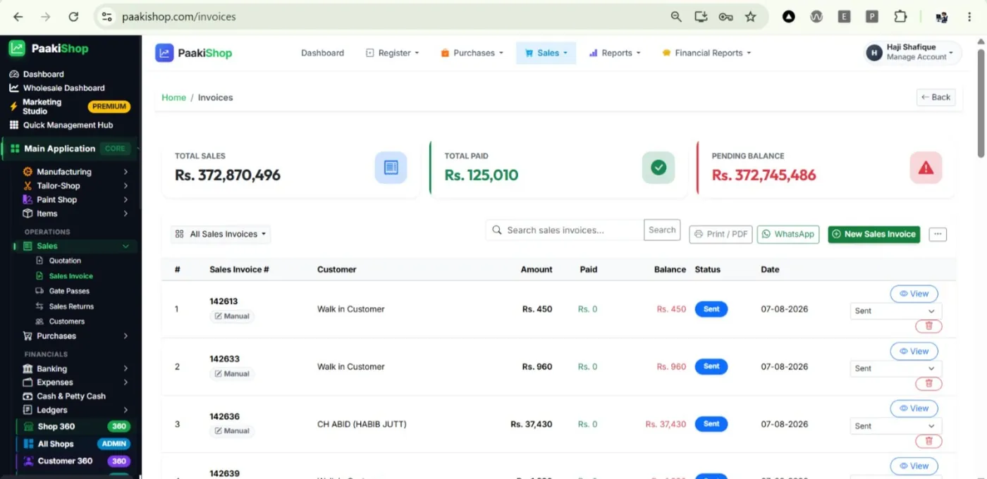 PaakiShop Sales Invoices screen