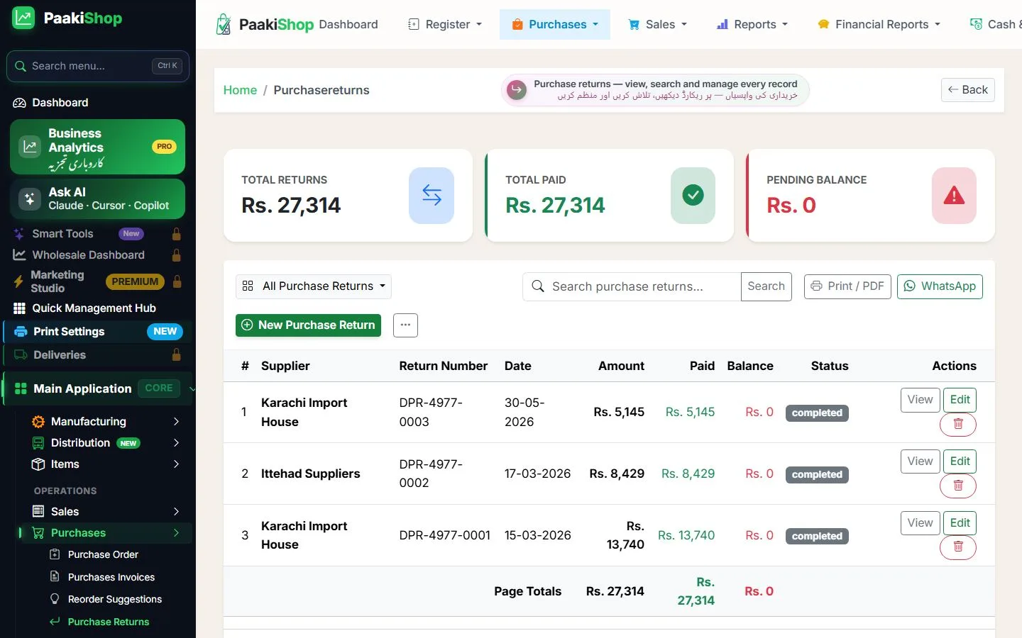 Purchase Returns Listing