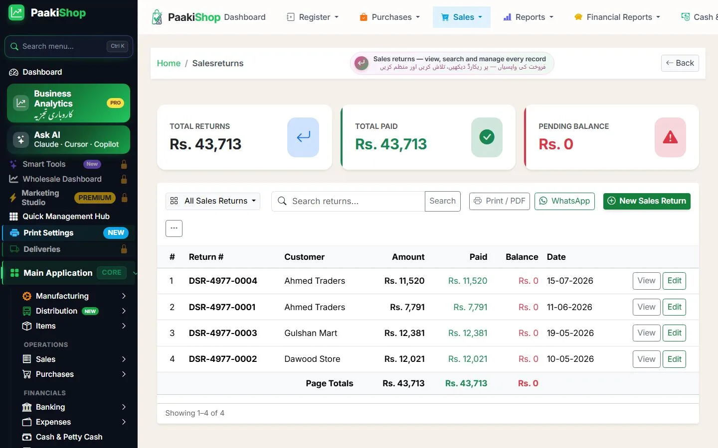 Sales Returns Listing